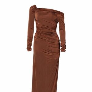 Helmut Lang Brown Ruched Long Sleeve Dress